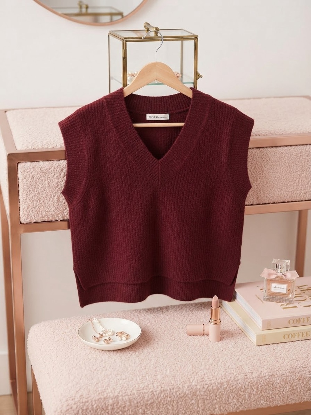 V-Neck Sleeveless Knit Vest - Burgundy